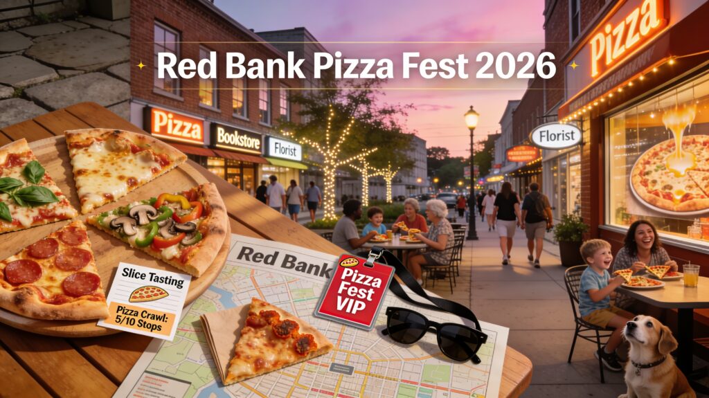 “friends enjoying pizza at Red Bank Pizza Fest.”

